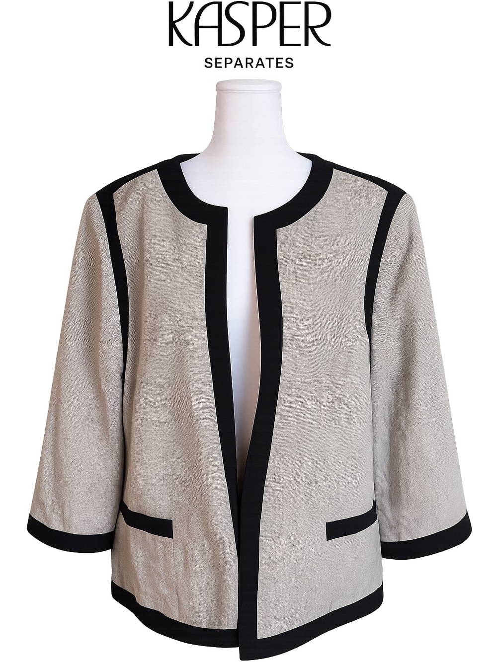Kasper Separates Open Front Cotton Blend Career Jacket 24W Black Ivory